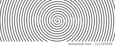 Black and white hypnotic spiral background. Radial optical illusion. Swirl tunnel wallpaper. Horizontal spinning concentric circles. Vortex or whirlpool design for poster, banner, flyer. Vector art  121103540