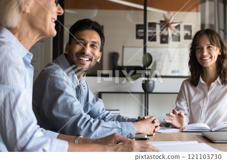 Indian employee and colleagues take part in briefing Indian employee and colleagues take part in briefing 121103730