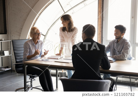 Group of positive teammates take part in briefing Group of positive teammates take part in briefing 121103782