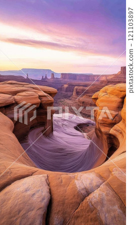Rock formations and vibrant sunset skies create a stunning landscape in a desert canyon, AI 121103897