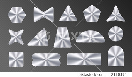 Silver stickers pack, metallic labels, shiny paper tape in various shapes. 121103941