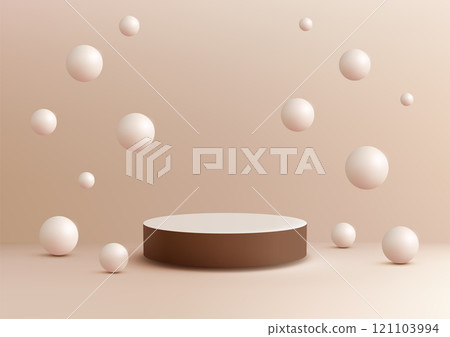 Minimalist 3D Cylindrical Podium with White and Brown Design and Floating Spheres, Product Display Mockup for Showroom Showcase 121103994
