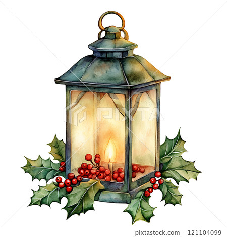 festive lantern with holly and berries, glowing warmly 121104099