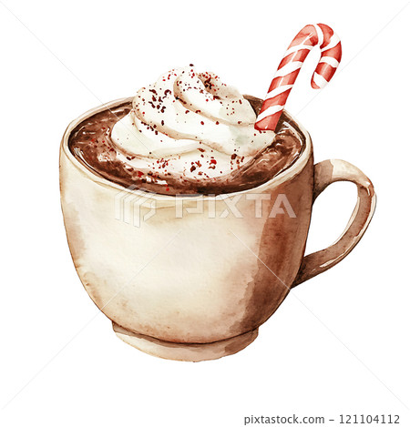 Warm cocoa with whipped cream and candy cane 121104112
