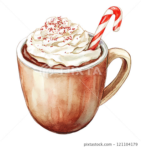Warm cocoa with whipped cream and candy cane 121104179