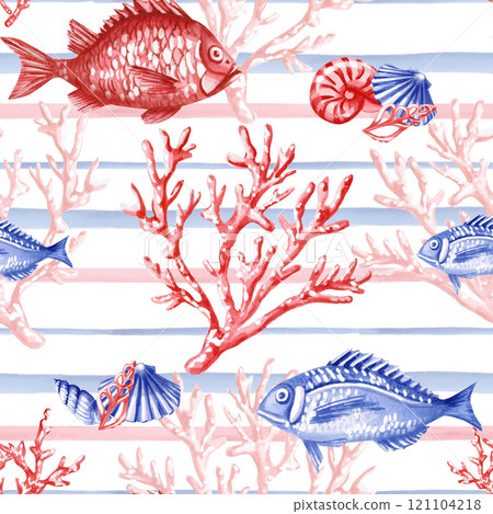 Seamless pattern on a marine theme. Watercolor illustration on a white background for packaging design, printing on fabric, bed linen, decoration of holidays in a marine theme. Seamless pattern on a marine theme. Watercolor illustration on a white background for packaging design, printing on fabric, bed linen, decoration of holidays in a marine theme. 121104218