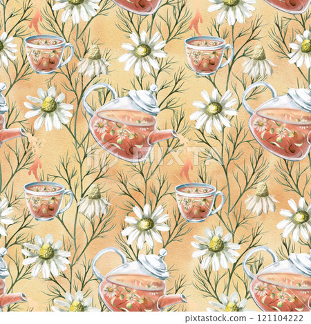 Seamless pattern with tea set. Watercolor illustration on beige background of tea ceremony for cafe design, kitchenware, printing on packaging and fabric 121104222