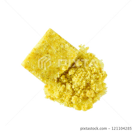Broth cubes isolated on a white background. Top view. Chicken stock concentrate isolated. 121104285