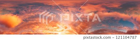 Sunset sky panorama with bright glowing pink Cirrus clouds. HDR 360 seamless spherical panorama. Full zenith or sky dome in 3D, sky replacement for aerial drone panoramas. Climate and weather change. Sunset sky panorama with bright glowing pink Cirrus clouds. HDR 360 seamless spherical panorama. Full zenith or sky dome in 3D, sky replacement for aerial drone panoramas. Climate and weather change. 121104787