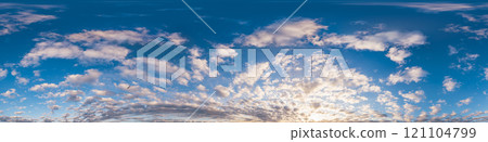 Sunset sky with bright glowing pink Cumulus clouds. Seamless spherical HDR 360 panorama. Full zenith or sky dome in 3D, sky replacement for aerial drone panoramas. Climate and weather change. Sunset sky with bright glowing pink Cumulus clouds. Seamless spherical HDR 360 panorama. Full zenith or sky dome in 3D, sky replacement for aerial drone panoramas. Climate and weather change. 121104799