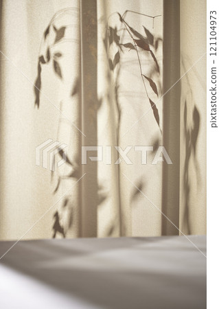 Warm sunlight streaming in through the window, beige background, flowers, vases, and a table with plants. Harmony of light and shadow. 121104973