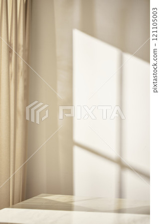 Warm sunlight streaming in through the window, beige background, flowers, vases, and a table with plants. Harmony of light and shadow. 121105003