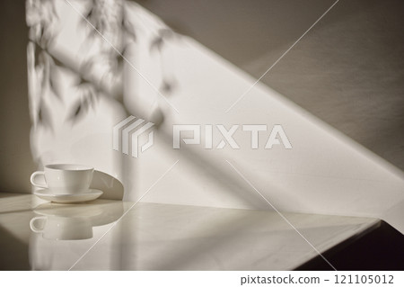Warm sunlight streaming in through the window, beige background, flowers, vases, and a table with plants. Harmony of light and shadow. 121105012
