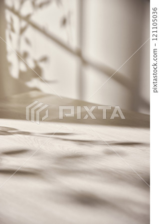Warm sunlight streaming in through the window, beige background, flowers, vases, and a table with plants. Harmony of light and shadow. 121105036