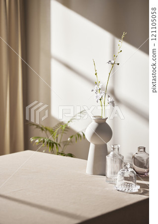 Warm sunlight streaming in through the window, beige background, flowers, vases, and a table with plants. Harmony of light and shadow. 121105058