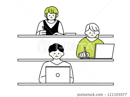 Illustration of college students taking classes at university Illustration of college students taking classes at university 121105077