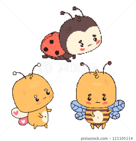 Pixel-art. Cute little bee, butterfly and ladybug collection. Isolated funny pixelation insect character. Vector illustration 121105114