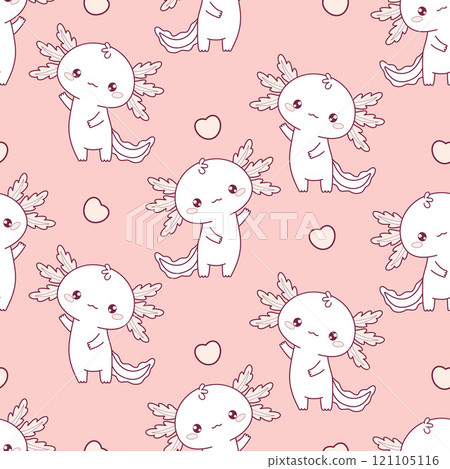 Romantic Seamless pattern cute little Axolotl with heart on pink background. Outline Funny cartoon kawaii animal. Line drawing. Vector illustration. 121105116