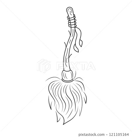 Magical broom with leaves, twigs, branch, wooden handle. Black line Doodle Isolated Vector illustration theme magic, Halloween, esoteric. Magical broom with leaves, twigs, branch, wooden handle. Black line Doodle Isolated Vector illustration theme magic, Halloween, esoteric. 121105164