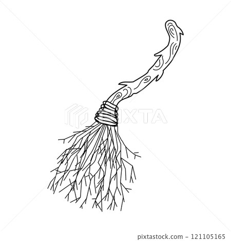 Magical broom with leaves, twigs, branch, wooden handle. Black line Doodle Isolated Vector illustration theme magic, Halloween, esoteric. Magical broom with leaves, twigs, branch, wooden handle. Black line Doodle Isolated Vector illustration theme magic, Halloween, esoteric. 121105165