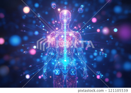 Glowing orbs and homeopathic symbols are used in an abstract representation to convey the body  121105539