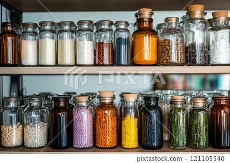 Sleek, modern pharmacy shelves are stocked with glass bottles of homeopathic remedies Sleek, modern pharmacy shelves are stocked with glass bottles of homeopathic remedies 121105540