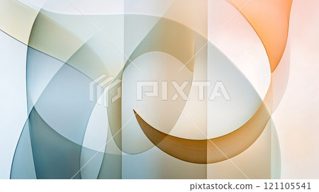 Minimalist abstract design featuring overlapping transparent shapes in soft hues 121105541