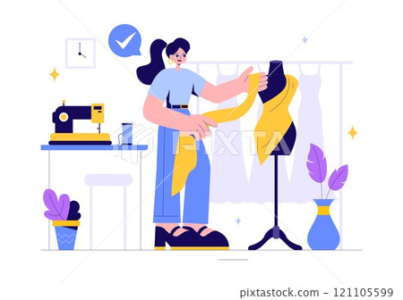 Seamstress Vector Illustration Featuring a Fashion Designer Sewing Dresses and Creating Outfits in a Tailor Shop with a Flat Style Background Seamstress Vector Illustration Featuring a Fashion Designer Sewing Dresses and Creating Outfits in a Tailor Shop with a Flat Style Background 121105599