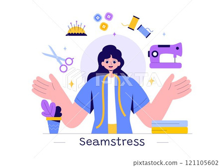 Seamstress Vector Illustration Featuring a Fashion Designer Sewing Dresses and Creating Outfits in a Tailor Shop with a Flat Style Background 121105602