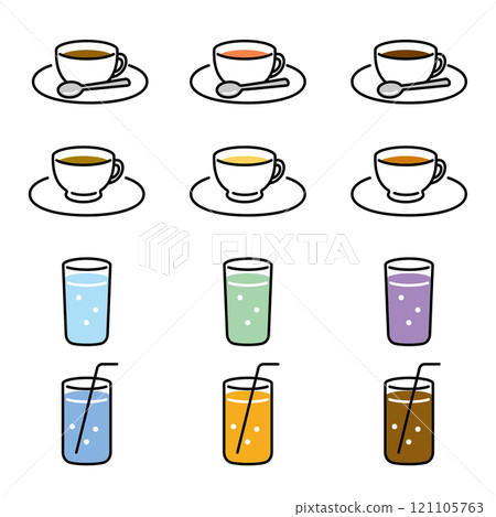 咖啡館供應的各種飲料(例如熱飲和冰飲)的插圖集 咖啡館供應的各種飲料(例如熱飲和冰飲)的插圖集 121105763