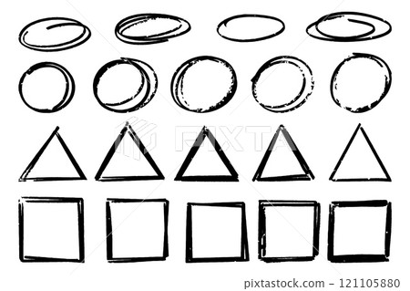 Hand drawn frames. Handdrawn square triangle oval frame set. Vector borders grunge template set. Hand drawn frames. Handdrawn square triangle oval frame set. Vector borders grunge template set. 121105880