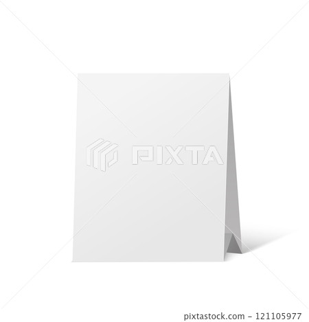 Realistic 3D Blank Table Tent Mockup, Isolated White Card Display for Wedding, Menu, Desk, Business or Event Advertising 121105977
