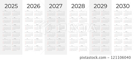 Simple calendar set for 2025 2026 2027 2028 2029 2030 years. Editable vertical vector calender 121106040
