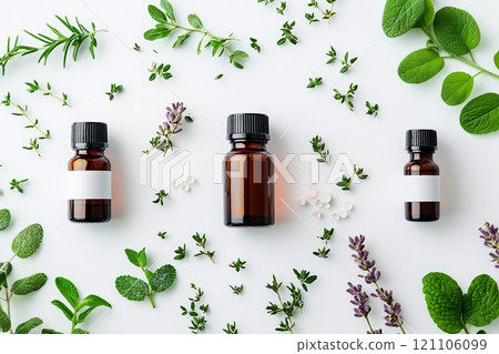 Fresh herbs encircle homeopathy bottles of different sizes in a flat lay arrangement on a clean 121106099
