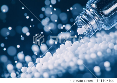 In a microscopic view, homeopathic remedies release energy into the body, depicted through 121106100