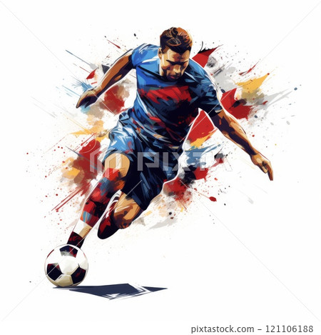 Soccer player playing football. Splashes of colorful paint background Soccer player playing football. Splashes of colorful paint background 121106188