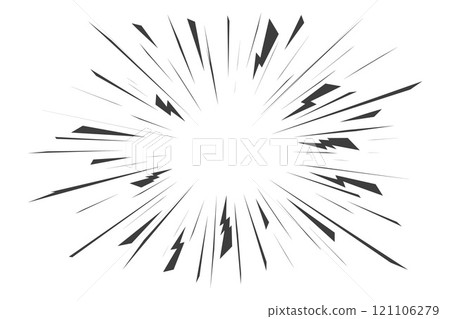 Comic speed lines. Radial manga burst. Vector cartoon action and motion rays with lightnings. Boom effect with perspective. Explosion roar and scream stripes on white background Comic speed lines. Radial manga burst. Vector cartoon action and motion rays with lightnings. Boom effect with perspective. Explosion roar and scream stripes on white background 121106279