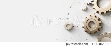 Data Dynamics: Mechanical gears and gear systems visualized through interconnected lines, dots, big data graphics with copy space for impactful banner, presentation 121106306