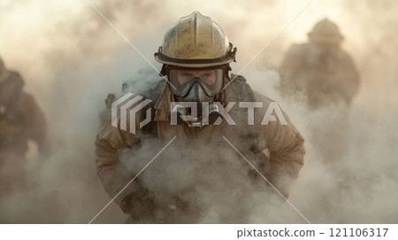 Heroic firefighter: brave fireman demonstrating courage, determination in face of danger, embodying strength, dedication required to protect lives, property during critical emergency situations. Heroic firefighter: brave fireman demonstrating courage, determination in face of danger, embodying strength, dedication required to protect lives, property during critical emergency situations. 121106317