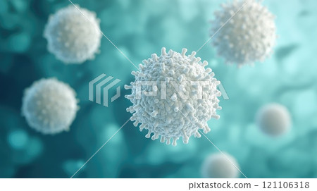 Cellular defense: leukocytes under a microscope, showcasing their critical role in immune system, highlighting intricate structures and processes that protect body from infections and diseases. 121106318
