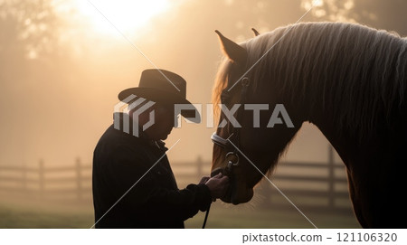 Western life: portrayal of a cowboy immersed in daily ranch work, capturing spirit of independence, hard work, tradition, reflecting the enduring legacy of American West and its cultural significance. 121106320
