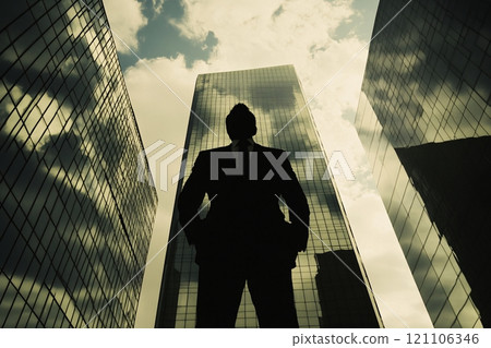 In front of a sleek skyscraper, the silhouette of a businessperson in a power pose exudes strength In front of a sleek skyscraper, the silhouette of a businessperson in a power pose exudes strength 121106346