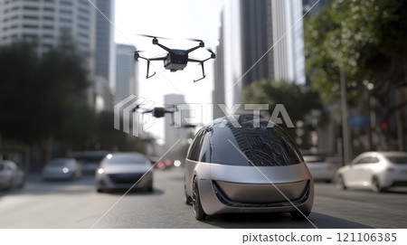 Futuristic transit center: A high-tech hub showcasing autonomous cars and drones in a sleek, modern cityscape with tall skyscrapers and advanced transportation systems. 121106385