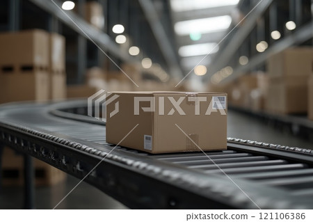 Industrial backdrop: carton positioned amid the switch tracks, symbolizing dispatch, warehousing, and delivery, embodying commerce flow from production hubs to distant destinations worldwide 121106386