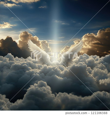 Spiritual journey: winged figure, soul passage, afterlife concept, divine departure, heavenly ascent, sacred rebirth, life transition, celestial being, divine wings, ethereal existence. 121106388