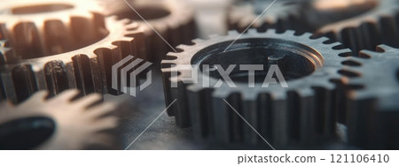 Data Dynamics: Mechanical gears and gear systems visualized through interconnected lines, dots, big data graphics with copy space for impactful banner, presentation 121106410