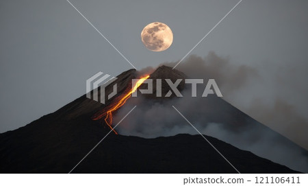 Volcanic Eruption: Dramatic display of lava flowing from active volcano, intense natural forces, fiery landscape of volcanic activity, illustrating the raw power of Earth's geology. Volcanic Eruption: Dramatic display of lava flowing from active volcano, intense natural forces, fiery landscape of volcanic activity, illustrating the raw power of Earth's geology. 121106411