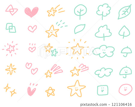 A cute icon set of stars, hearts, leaves, and clouds in a doodle style 121106416