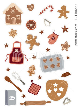 Christmas Baking Elements with Gingerbread, Cookies, and Kitchen Tools for Stickers, Cards, and DIY Projects. Vector illustration 121106455