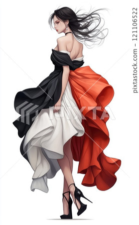 Elegant sophistication: Fashion model portrayed in luxurious, detailed dress, illustrating blend of extravagance and beauty, capturing the essence of high fashion with sophisticated grace and style. 121106522